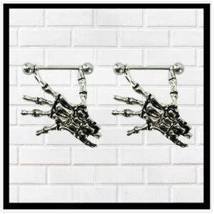NIPPLE RINGS, Stainless Steel Skeleton Hand Dangling, Sold as a Pair